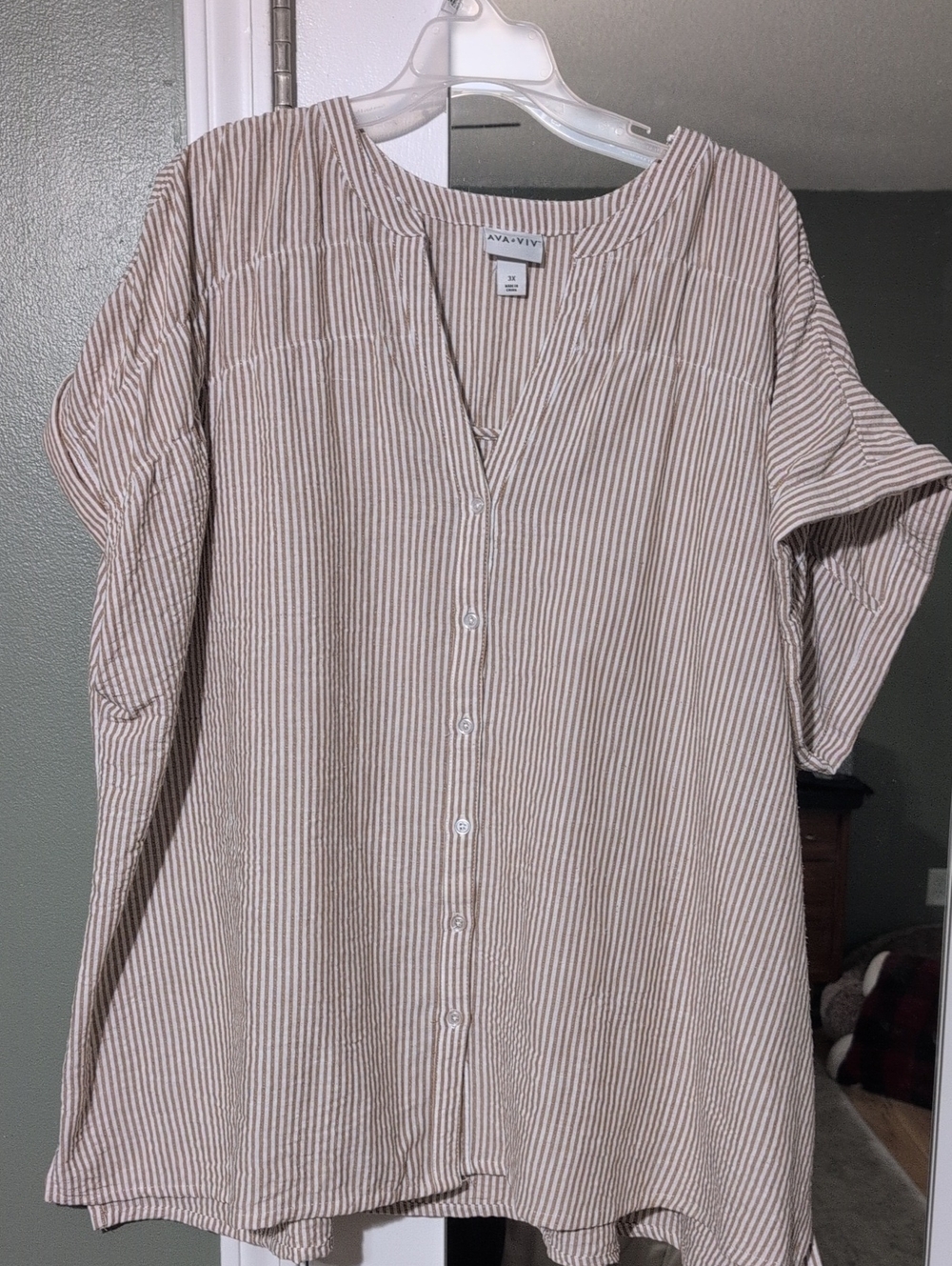 Ava & Viv Taupe and White Striped Long Sleeve Button-Front Dress